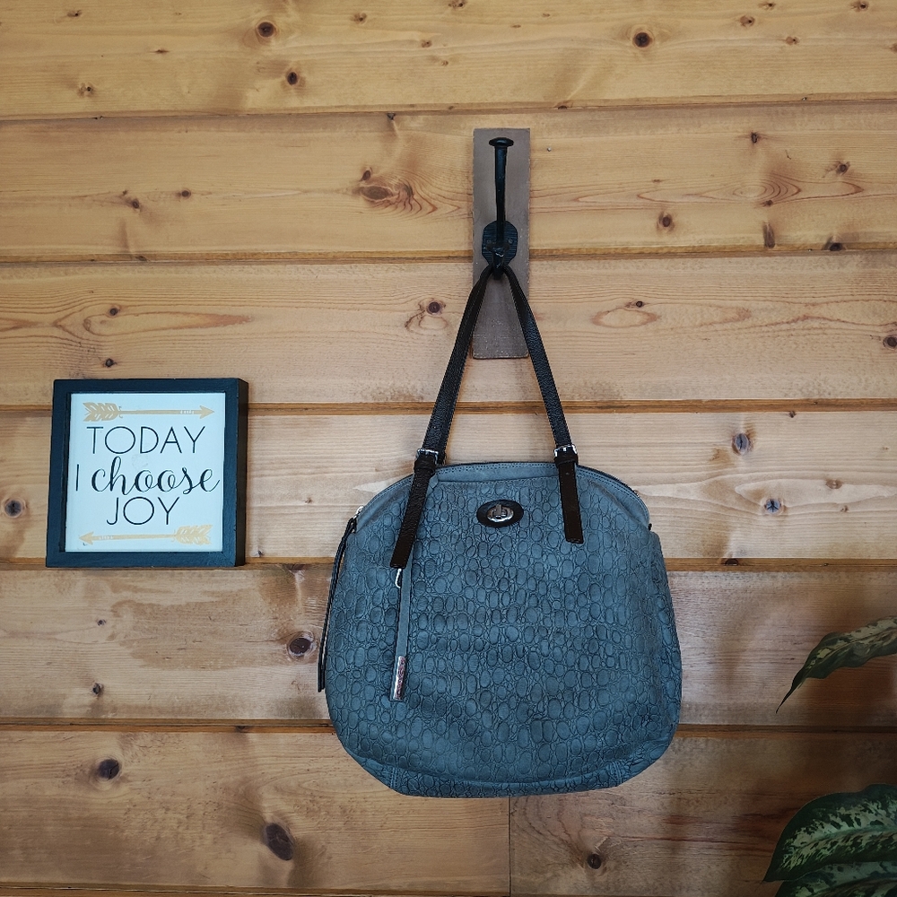 NICOLI Embossed Gray Hobo Shoulder Bag Soft Suede Leather‎ Textured Purse Italy